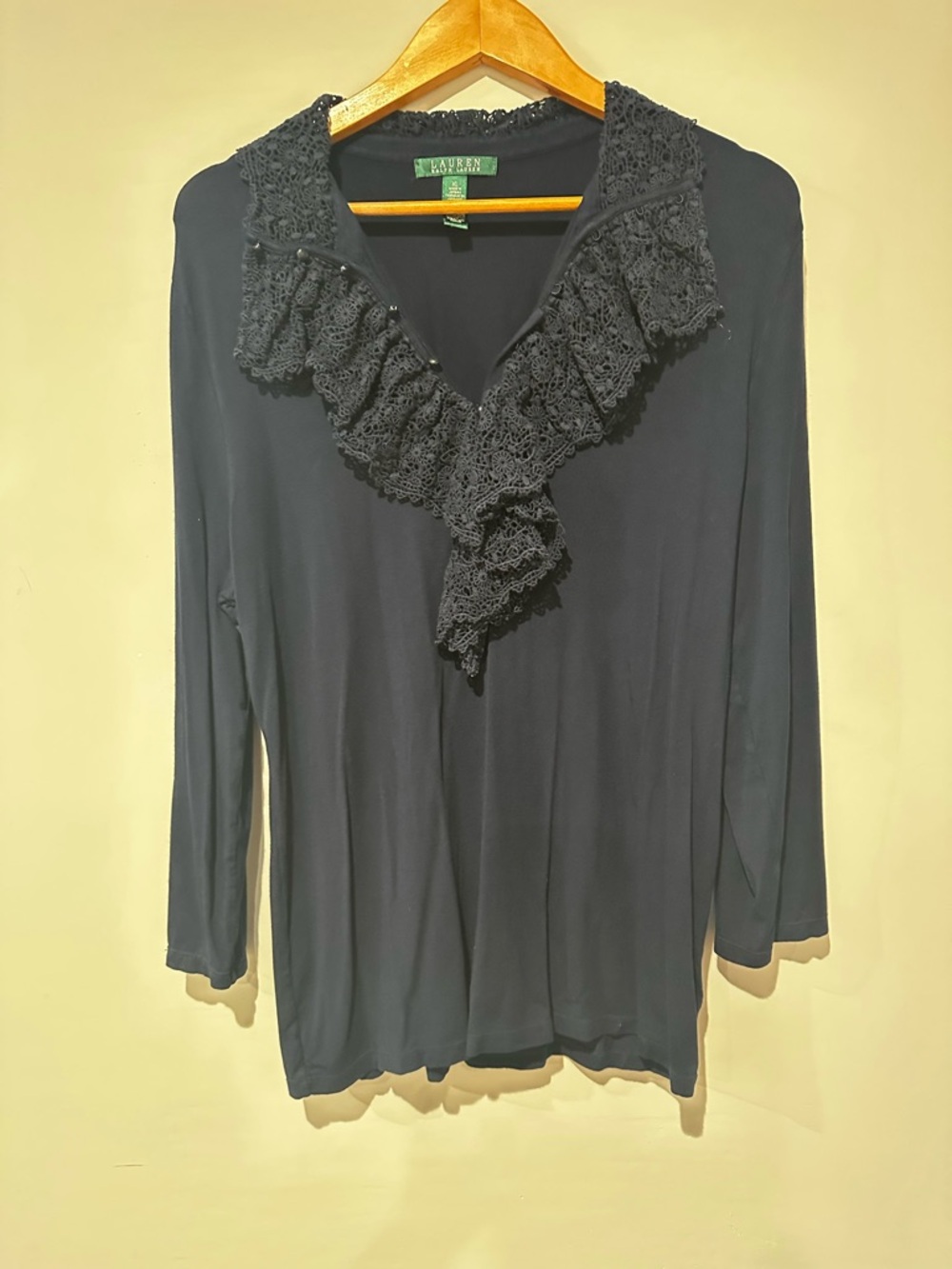 Lauren Ralph Lauren Black Crochet Ruffle V-Neck Long Sleeve Top